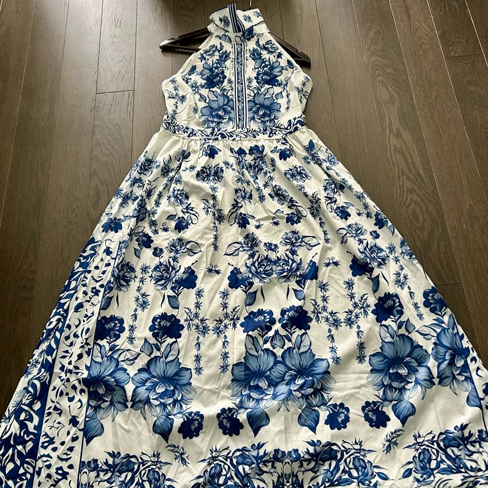 Floral Halter Dress in Blue and White